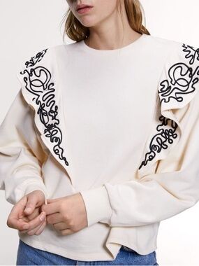 Zara Cream Sweatshirt with Black Embroidered Ruffle Panels